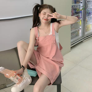 반팔 데님 점프수트 핑크 멜빵바지 여 여름 디자인