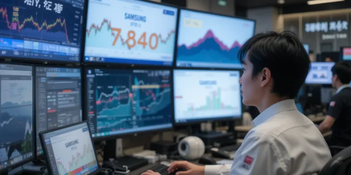 모니터 여러 대로 삼성전자 주가 전망과 외국인 수급 흐름을 추적 중인 트레이더