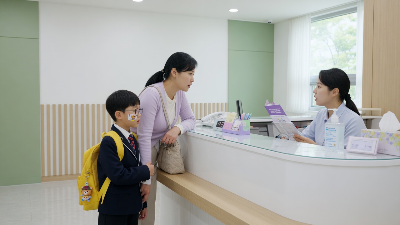 대기실에서 접종 일정을 폰으로 확인하는 장면