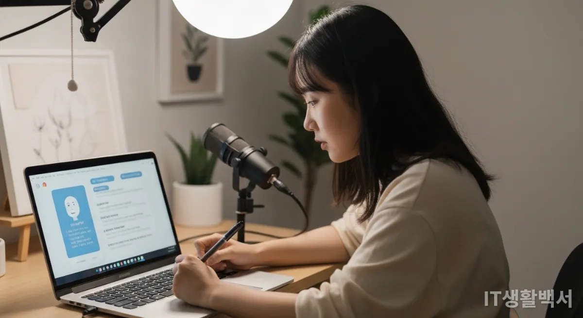 집에서 AI 챗봇 ChatGPT를 활용하여 콘텐츠를 창작하는 한국인 콘텐츠 크리에이터