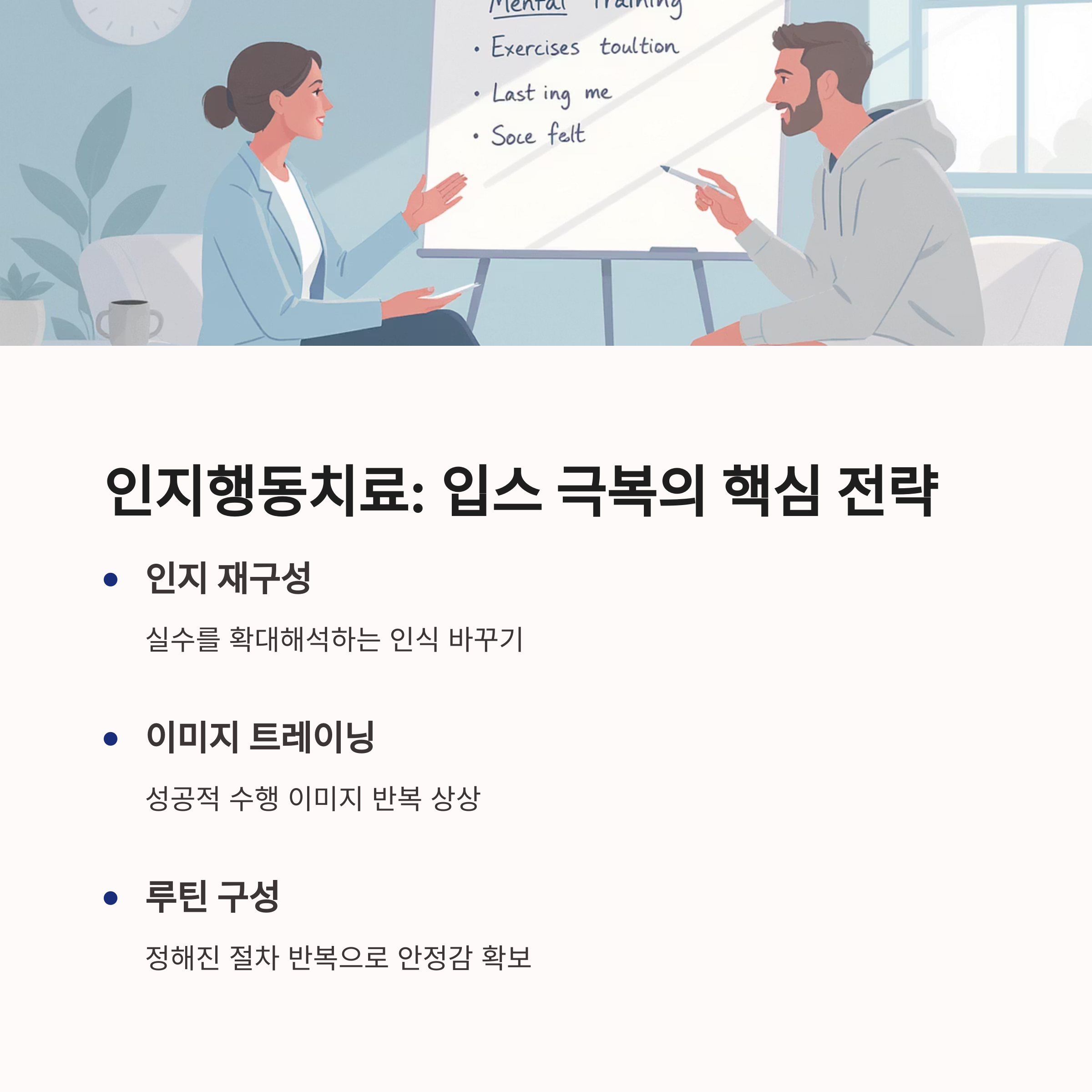 인지행동치료를 통한 입스 극복 전략(인지 재구성, 이미지 트레이닝, 루틴 구성)을 설명하는 인포그래픽 이미지