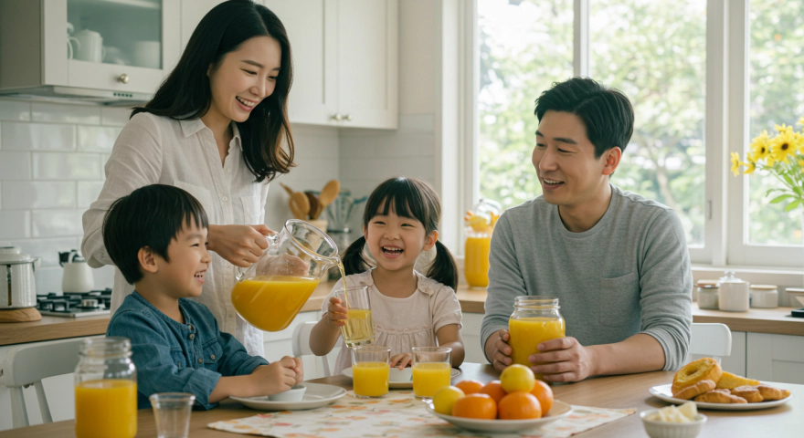 아침 식탁에서 웃는 가족