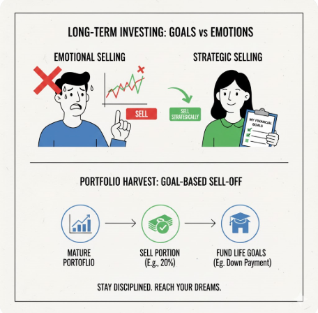 감정적인 손절매 대신 명확한 목표에 따라 매도하는 장기 투자자 일러스트