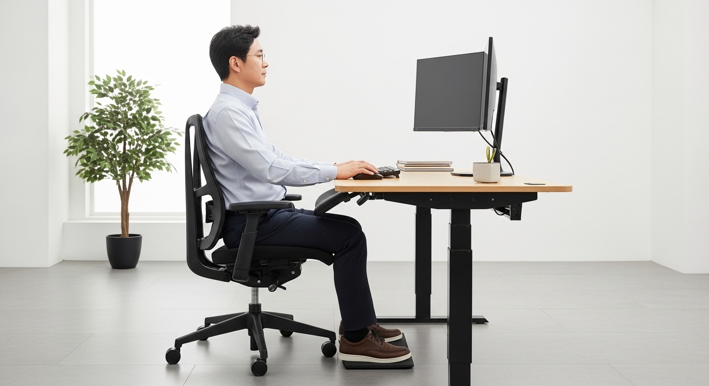 높이 조절 스탠딩 데스크와 인체공학 의자에서 자세를 바꾸며 일하는 재택근무 한국 남성