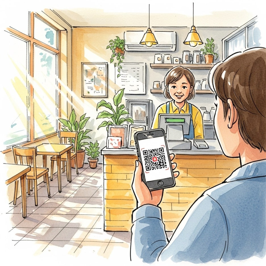 카페 카운터에서 QR 코드로 결제하는 따뜻한 장면