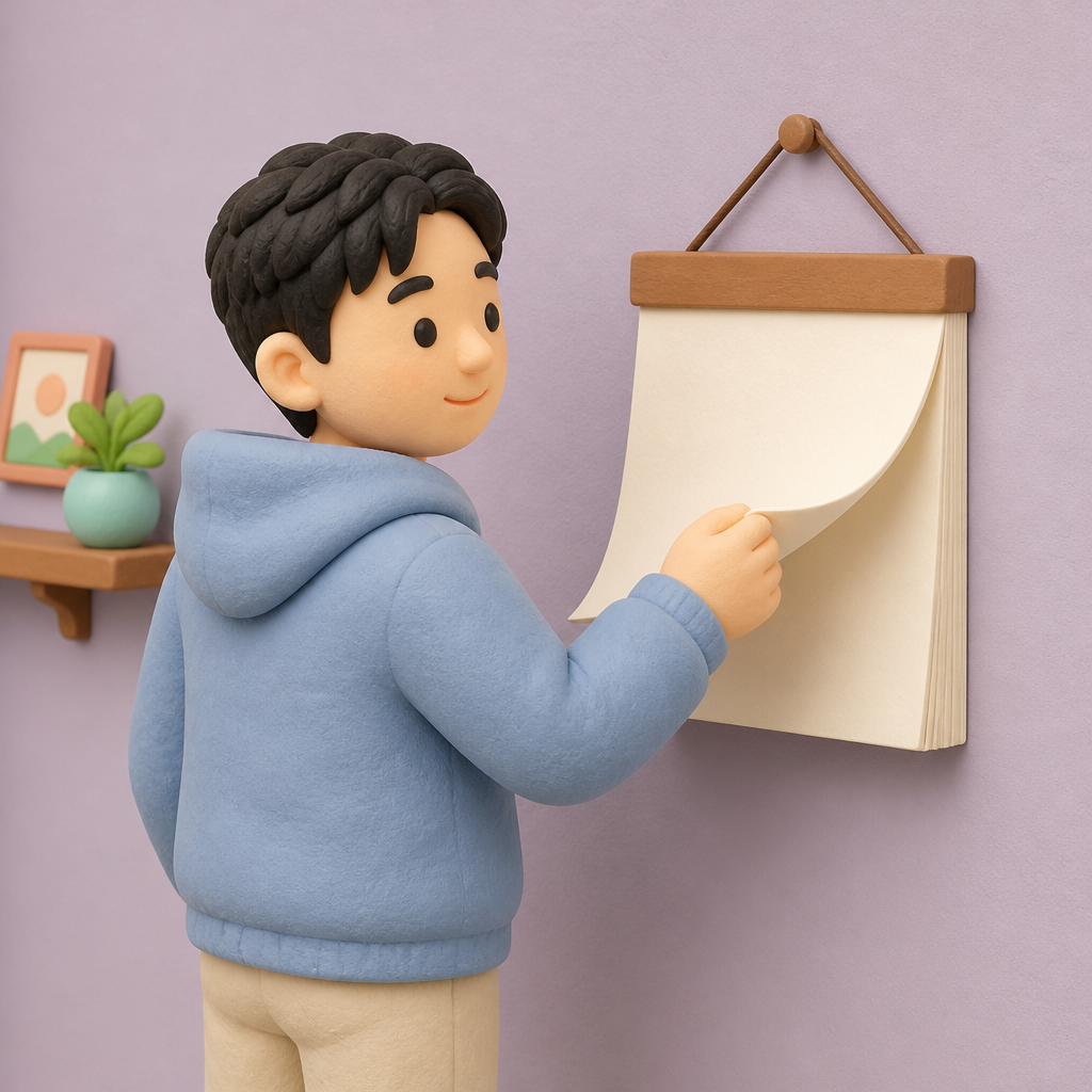 거실 벽 달력 앞에서 다음 해 장을 넘겨 보는 30대 남성