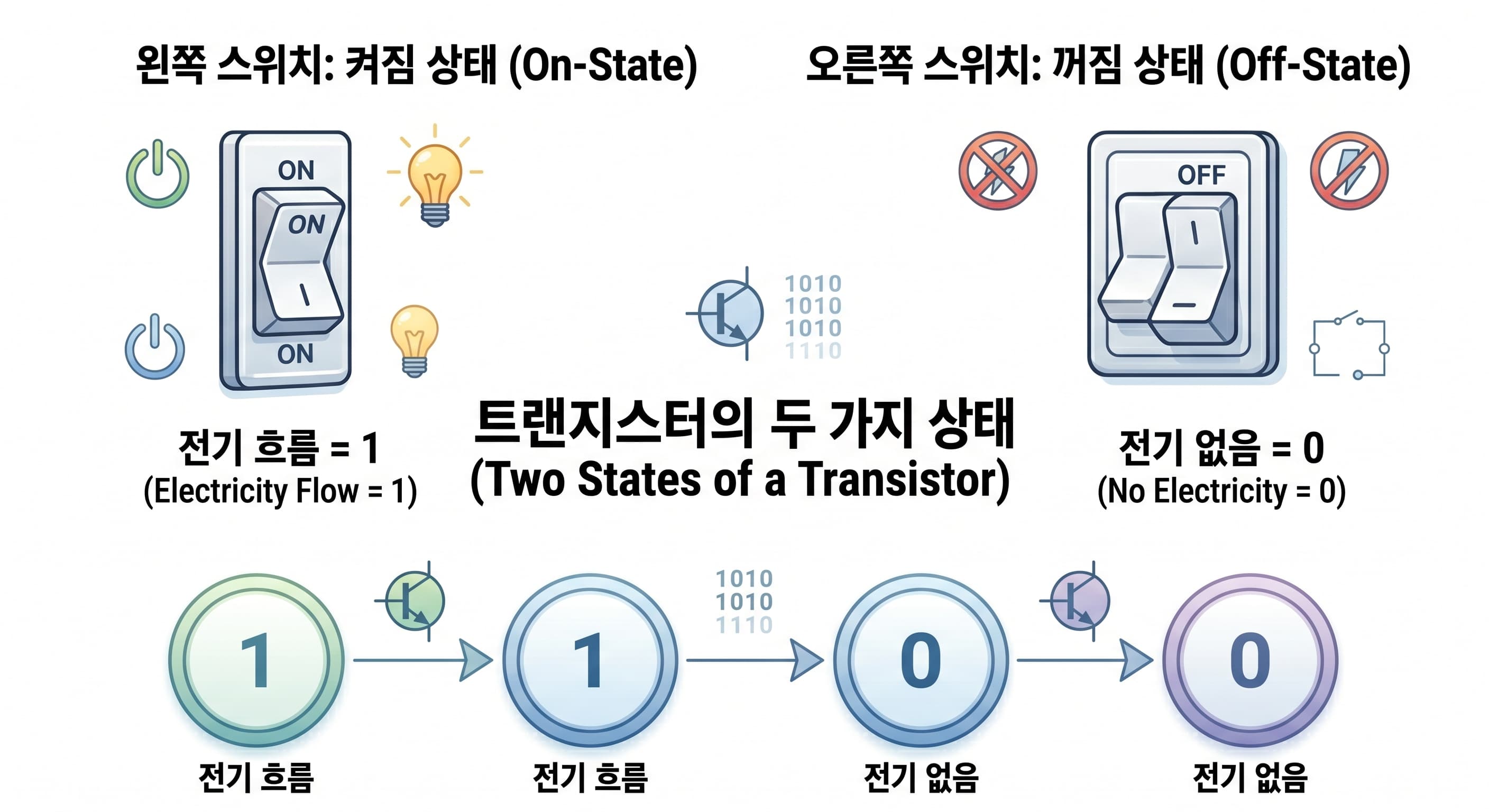 트랜지스터의 전기 흐름 유무가 이진법 1과 0에 대응되는 구조 다이어그램