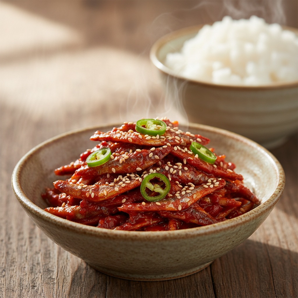 먹음직스럽게 완성된 고추장 멸치무침이 하얀 쌀밥과 함께 담긴 모습