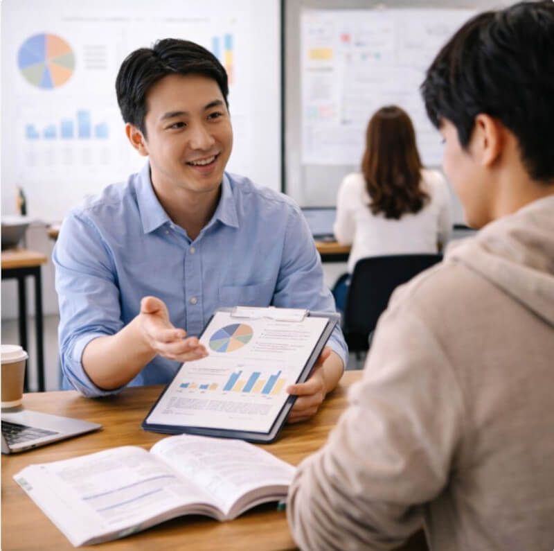 직업훈련 교육에서 강사가 훈련생과 상담하며 진로 방향을 이야기하는 장면