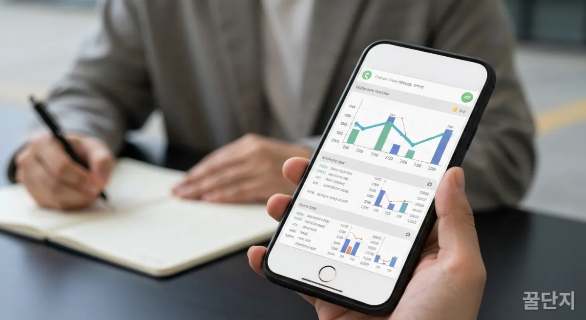 스마트폰 화면에 표시된 전기차 충전 요금 분석 그래프를 보며 메모하는 손의 클로즈업