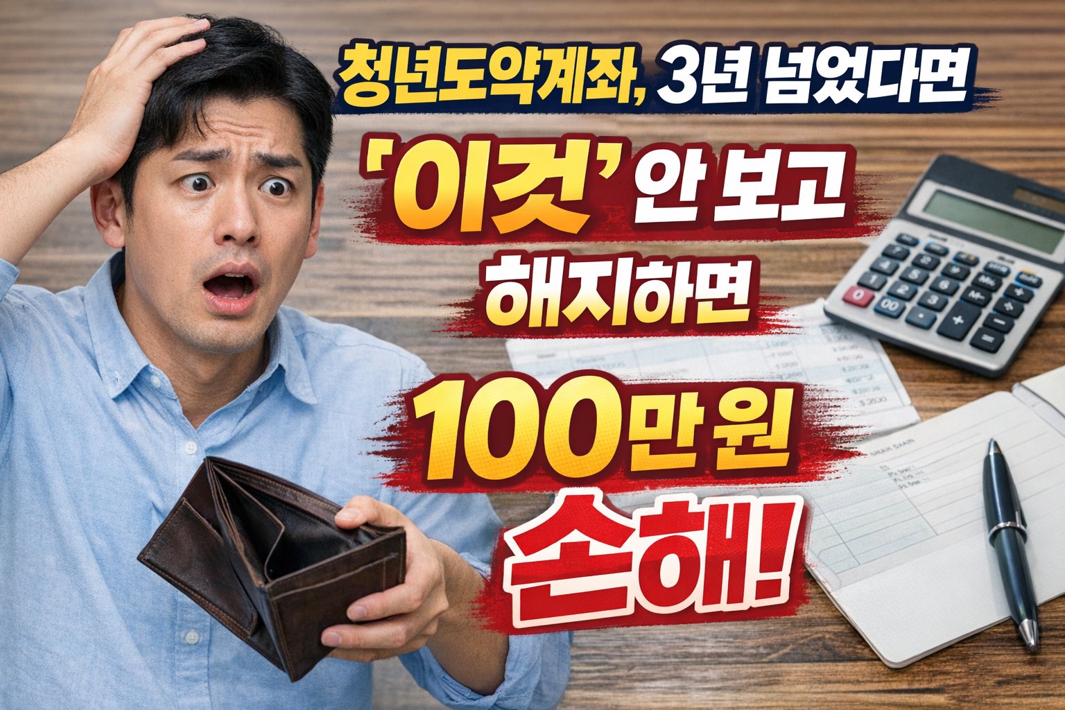 청년도약계좌 3년 경과 후 중도해지 손해를 경고하는 이미지, 놀란 남성과 계산기, 100만원 손해 문구 포함