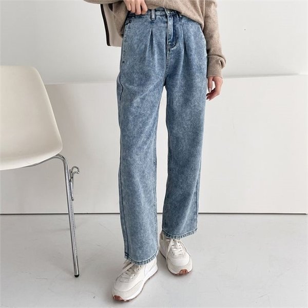옷자락 여자 일자 스트레이트진 와이드 핀턱 청바지