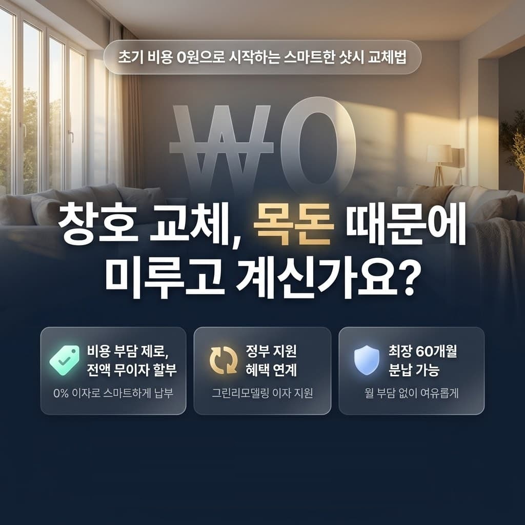 초기 비용 0원으로 시작하는 스마트한 샷시 교체법. 창호 교체, 목돈 때문에 미루고 계신가요? 전액 무이자 할부, 그린리모델링 정부 지원 혜택 연계, 최장 60개월 분납 가능 안내 썸네일.