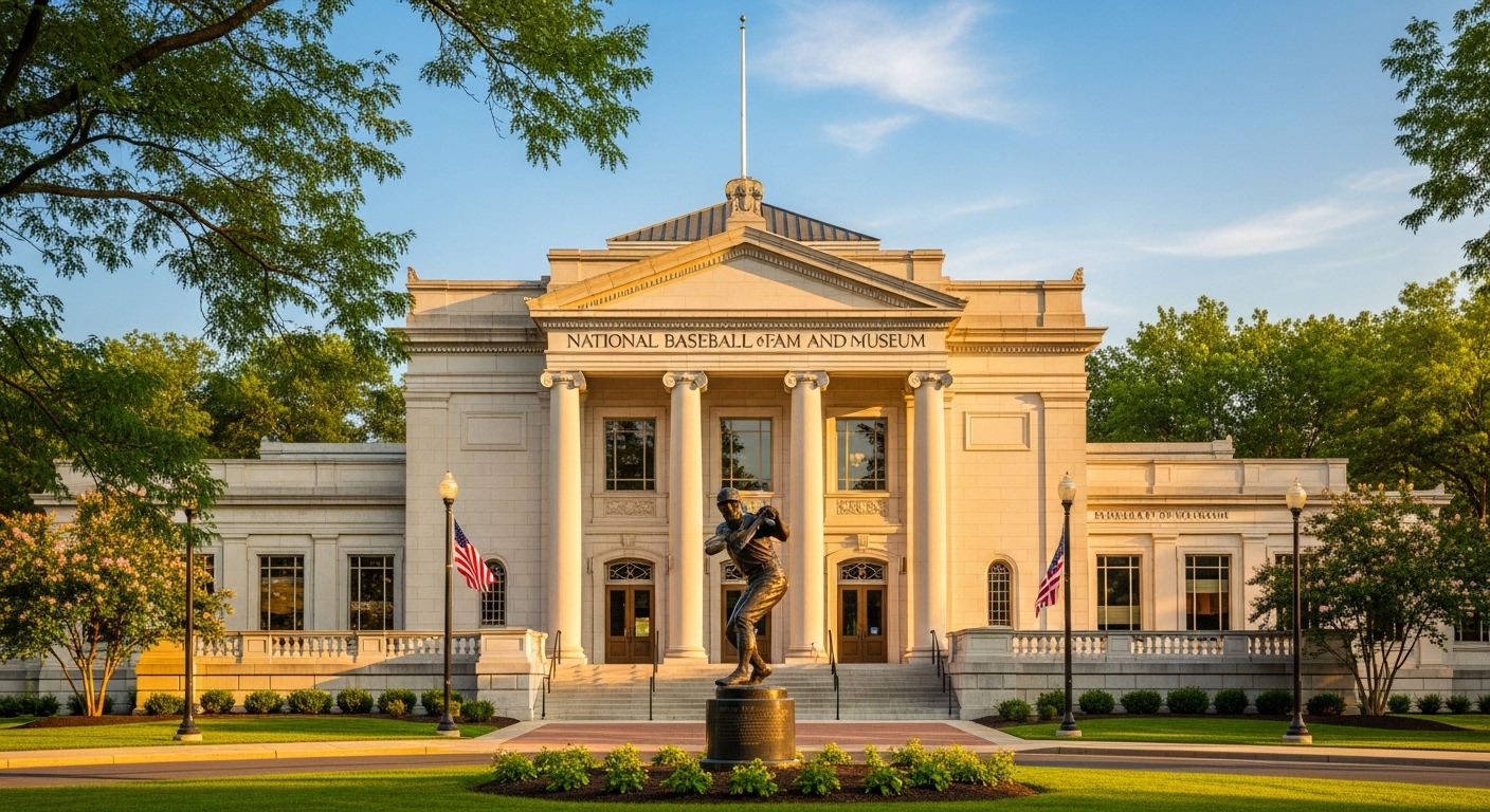 뉴욕 쿠퍼스타운에 위치한 국립 야구 명예의 전당 박물관의 웅장한 외관. 황금빛 햇살 아래 고전적인 건축물과 위대한 야구 선수의 동상이 어우러져 야구 역사의 깊이와 영광을 상징합니다.