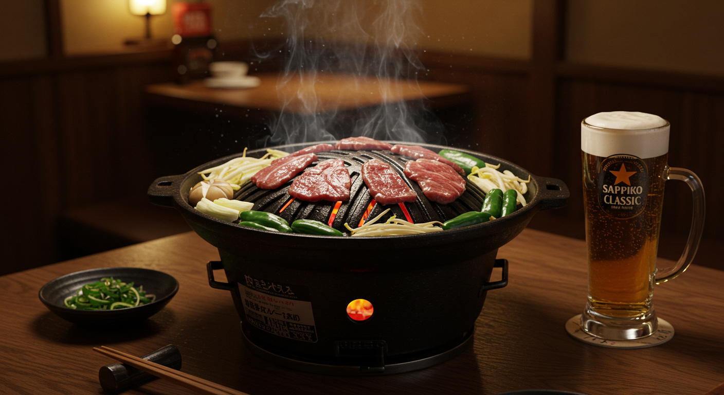 삿포로 맛집의 상징인 징기스칸 불판 위에서 구워지는 양고기와 신선한 야채