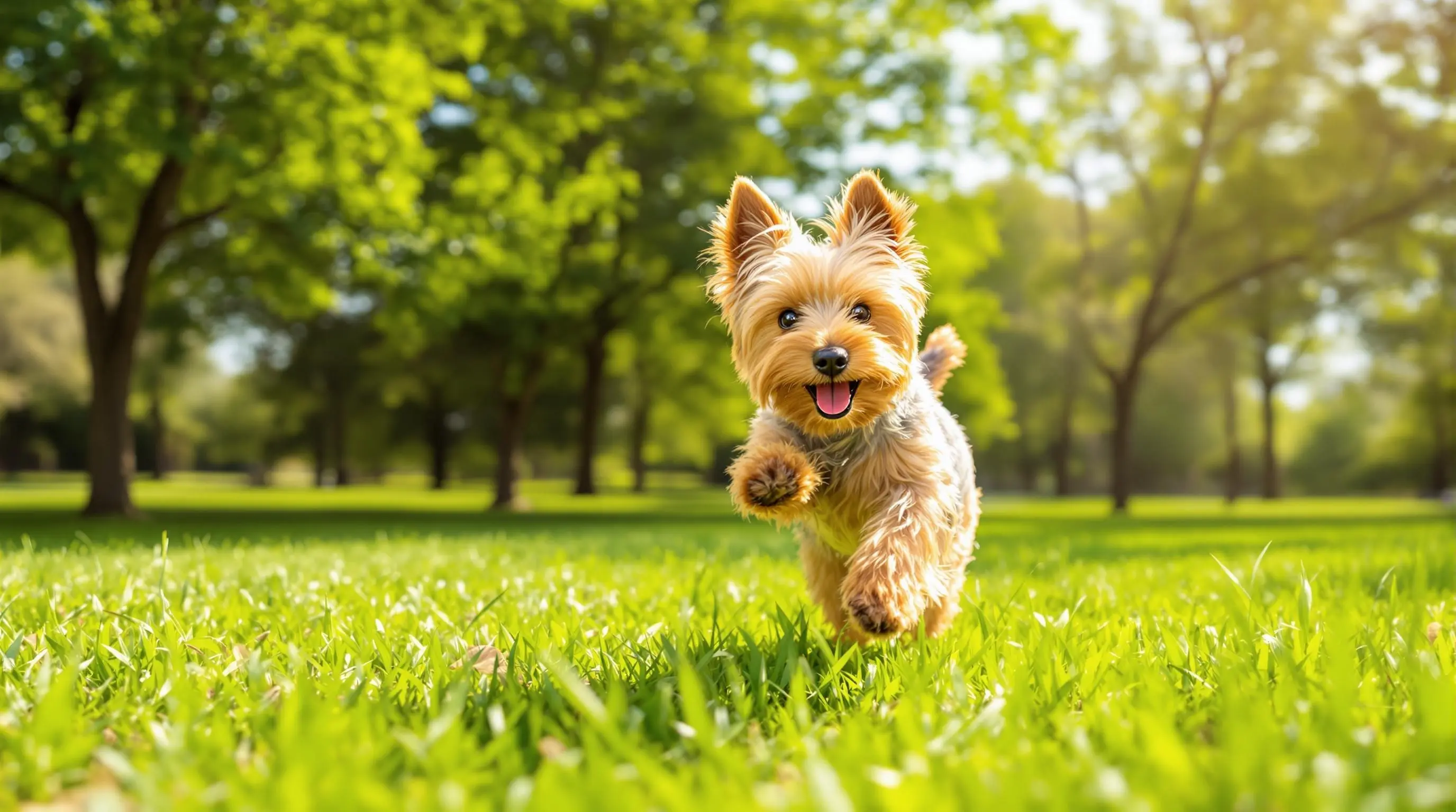푸른 공원에서 달리는 활발한 요크셔테리어