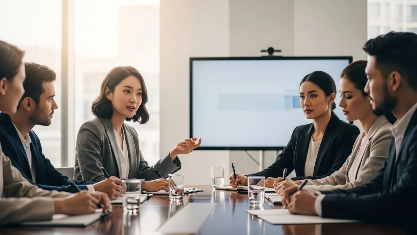 회의실 테이블에 앉아 자신감 있게 발언하는 직장인 이미지