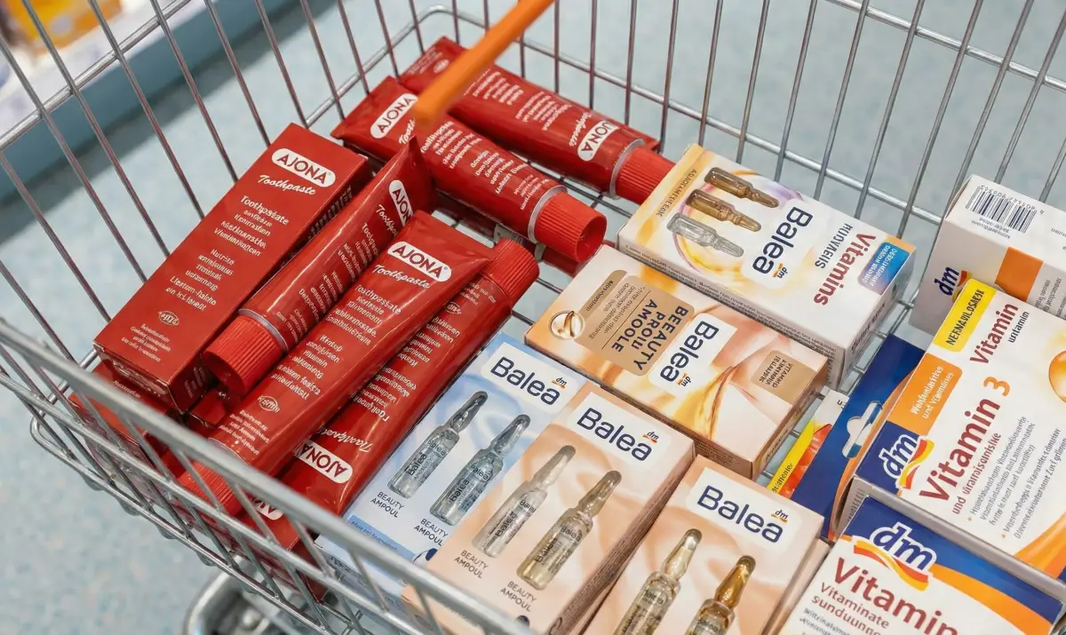 독일 드럭스토어 dm 쇼핑 바구니에 담긴 아요나 치약과 화장품들