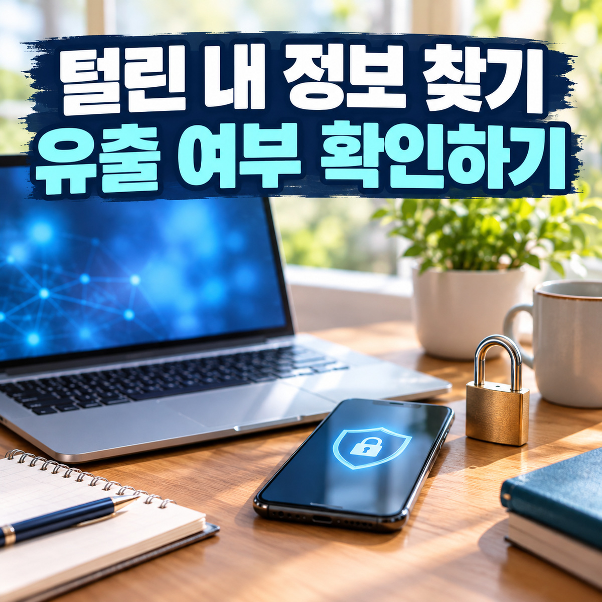 노트북과 휴대전화 및 자물쇠가 놓인 책상 위에 털린 내 정보 찾기와 유출 여부 확인하기 문구가 보이는 대표 이미지