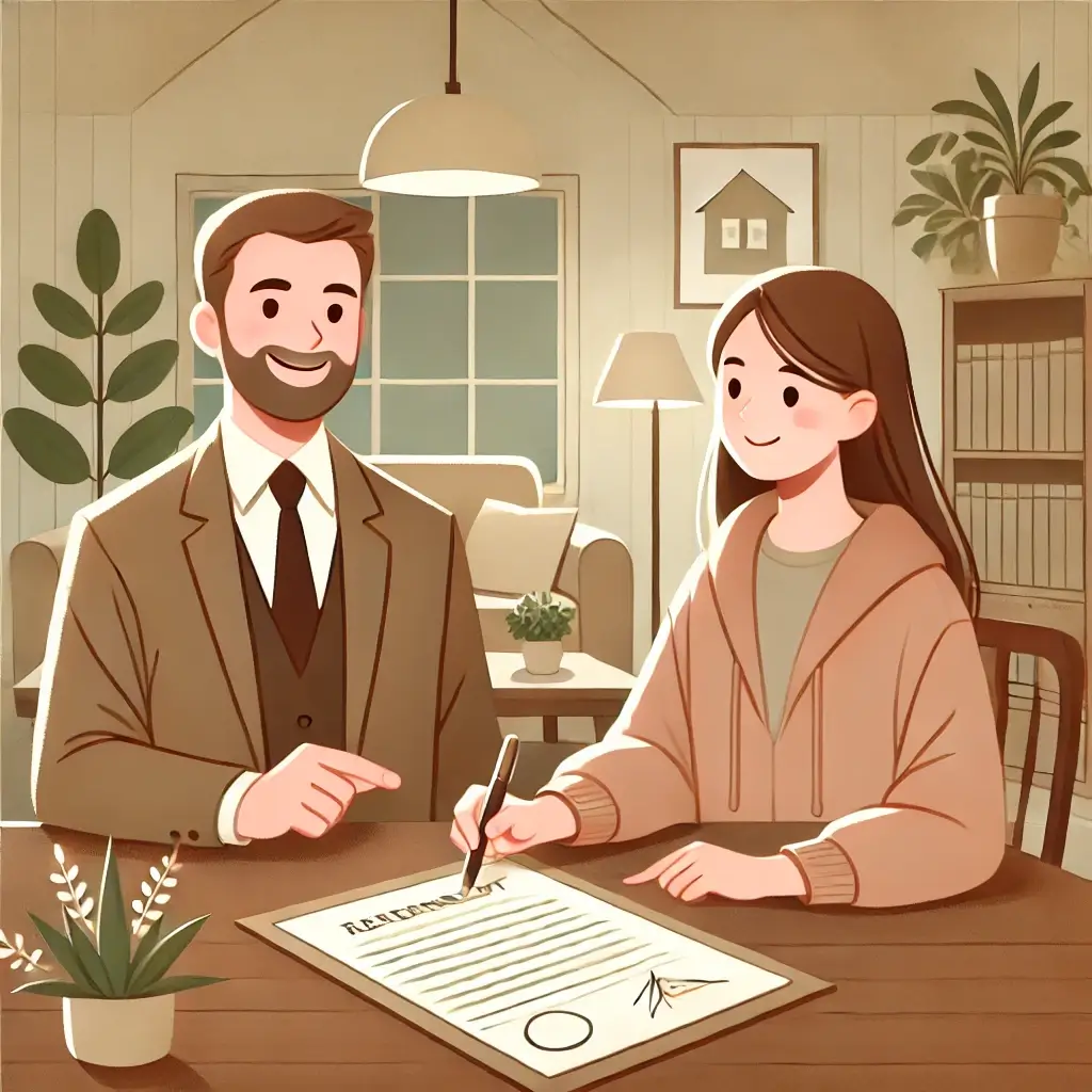 임대인과 세입자가 따뜻한 분위기에서 임대 계약서를 작성하는 일러스트