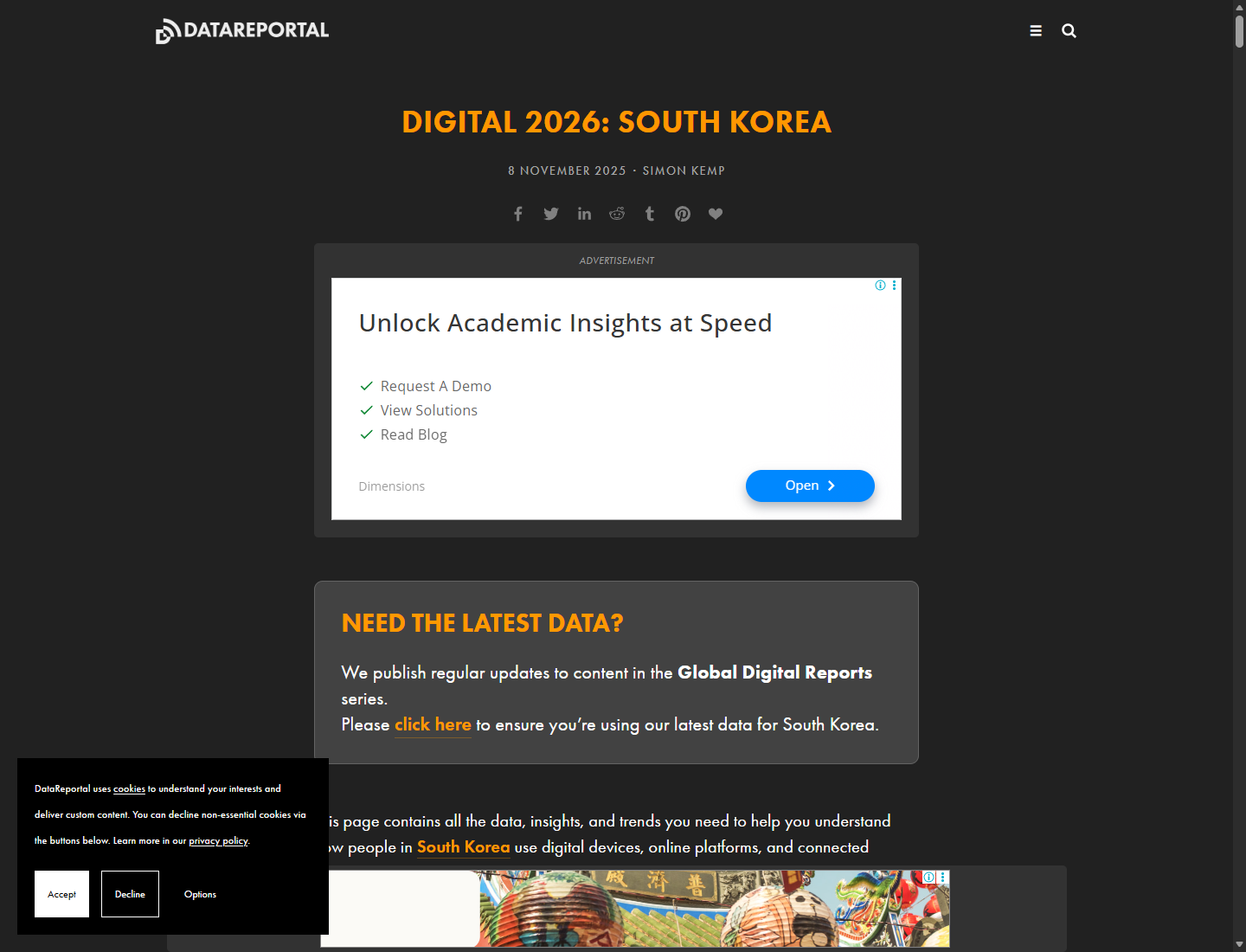 DataReportal Digital 2026 Korea의 TikTok 광고 도달 자료 원문 캡처