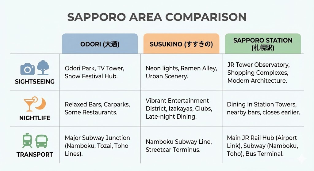 삿포로 숙소 지역 선택 허브 2026오도리 vs 스스키노 vs 삿포로역 “3분 결정표” (눈축제/야경/이동 동선 기준)