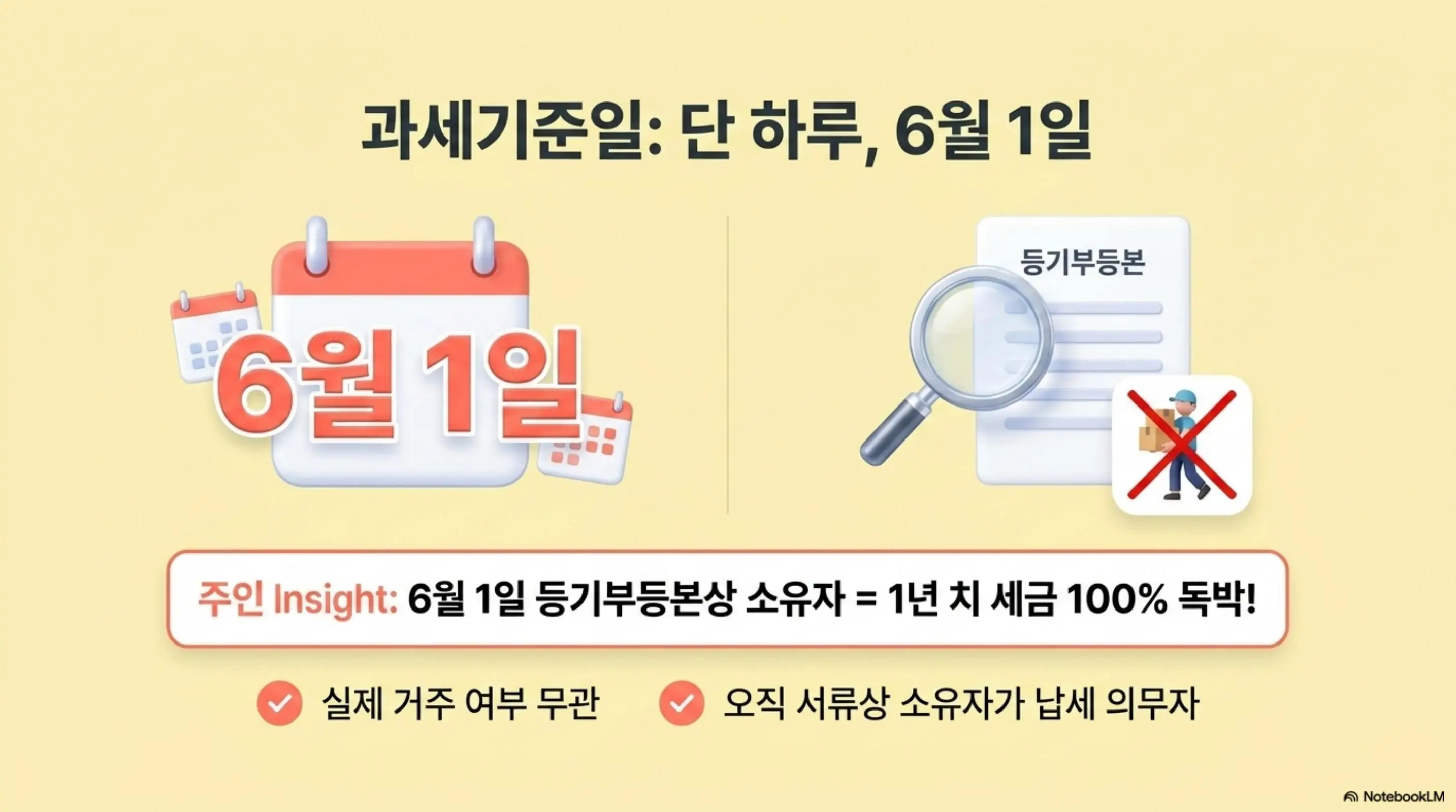재산세 납부: 재산세 과세기준일인 6월 1일에 등기부등본상 소유자가 1년치 세금 100%를 부담한다는 내용을 달력 아이콘과 등기부등본 일러스트로 나타낸 인포그래픽 이미지. 이 이미지는 실제 거주 여부와 무관하게 서류상 소유자에게 납세 의무가 발생한다는 정보를 시각적으로 전달하며 블로그의 재산세 과세기준일 설명과 관련된 내용을 설명함 