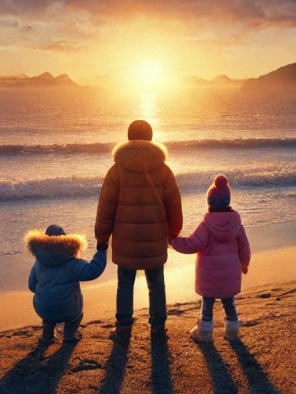 바다에 떠오르는 일출을 바라보는 두명의 아이와 아빠