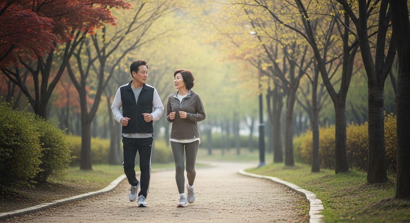 도심 공원의 산책로에서 가벼운 조깅을 하며 건강을 관리하는 중년 한국인 부부