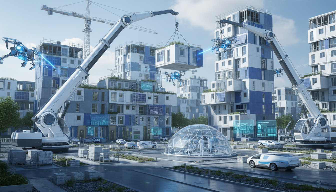 스마트 건설 기술이 적용된 모듈러 주택 건설 현장. 자동화된 장비와 드론이 효율적으로 작업하는 모습입니다.