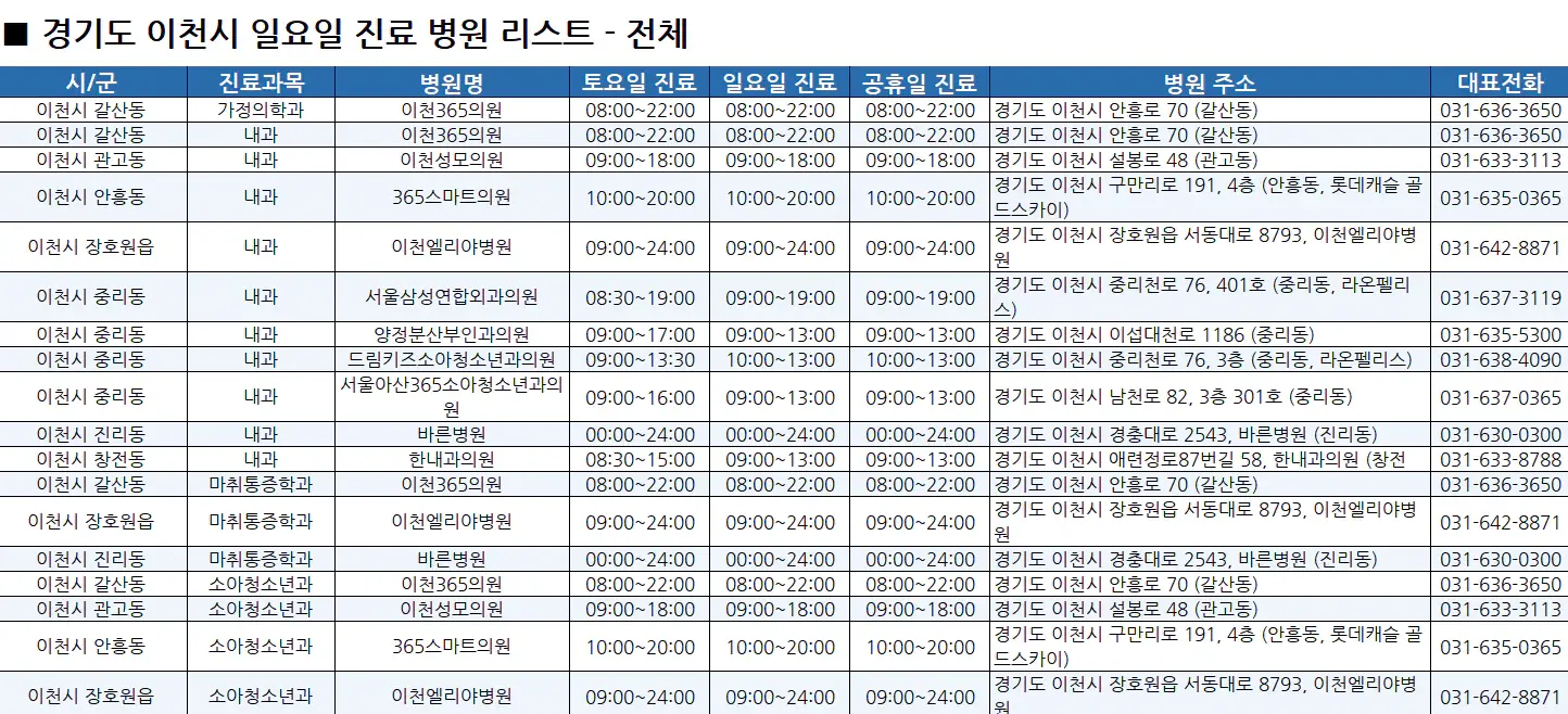 이천시-일요일-진료병원-리스트-예시