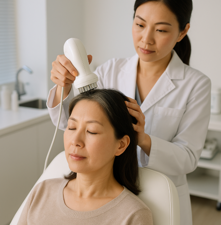 두피스케일링을 받고 있는 여성