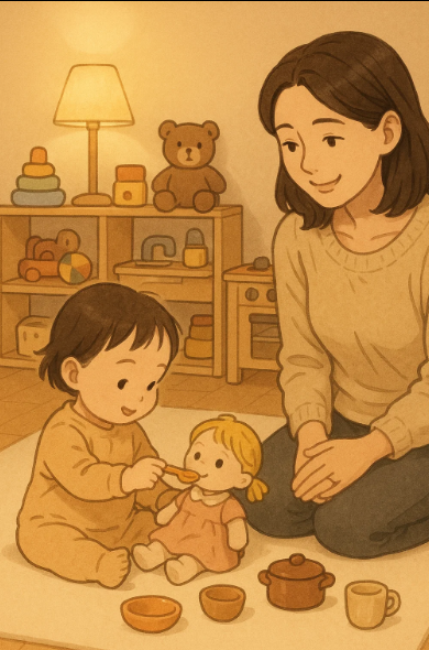 아기가 인형에게 밥을 먹이며 혼자 노는 모습