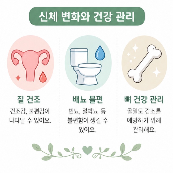 갱년기에 나타날 수 있는 질 건조, 배뇨 불편과 뼈 건강 관리 내용을 정리한 이미지