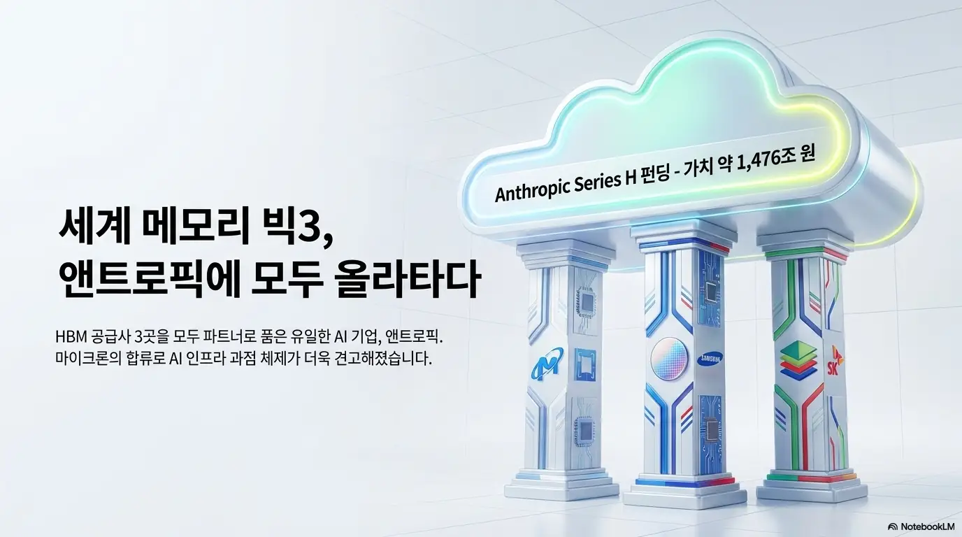 마이크론 실적 발표 결과: &amp;#39;세계 메모리 빅3&amp;#44; 앤트로픽에 모두 올라타다&amp;#39;라는 문구와 시리즈H 펀딩 1&amp;#44;476조 원 일러스트가 담긴 이미지. 이 이미지는 마이크론&middot;삼성전자&middot;SK하이닉스 HBM 공급사 세 곳이 모두 앤트로픽 인프라 파트너로 합류한 의미를 시각적으로 전달하며&amp;#44; 블로그의 마이크론 앤트로픽 시리즈H와 관련된 내용을 설명함 