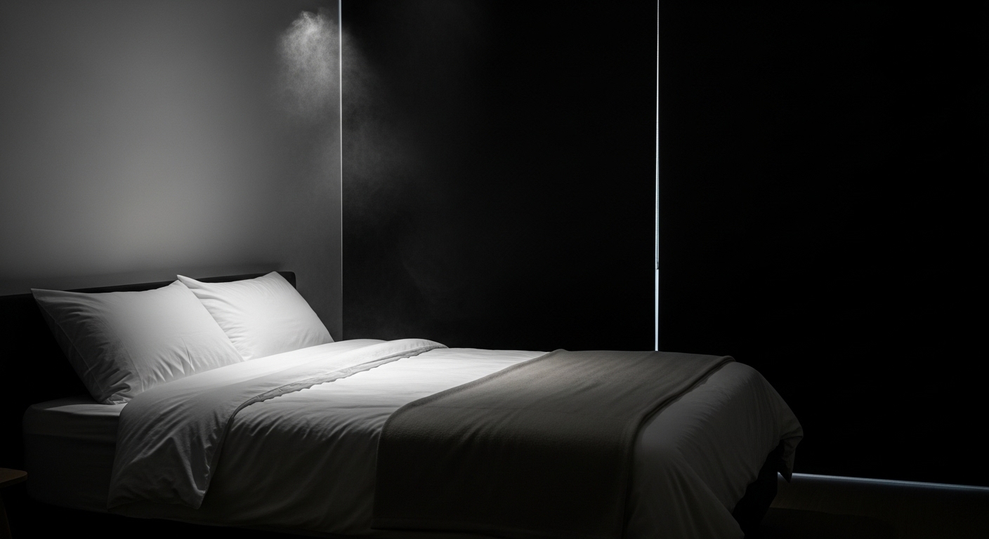 암막 커튼이 쳐진 어둡고 조용한 침실. 쾌적한 온도가 유지되어 숙면에 최적화된 환경을 보여준다.