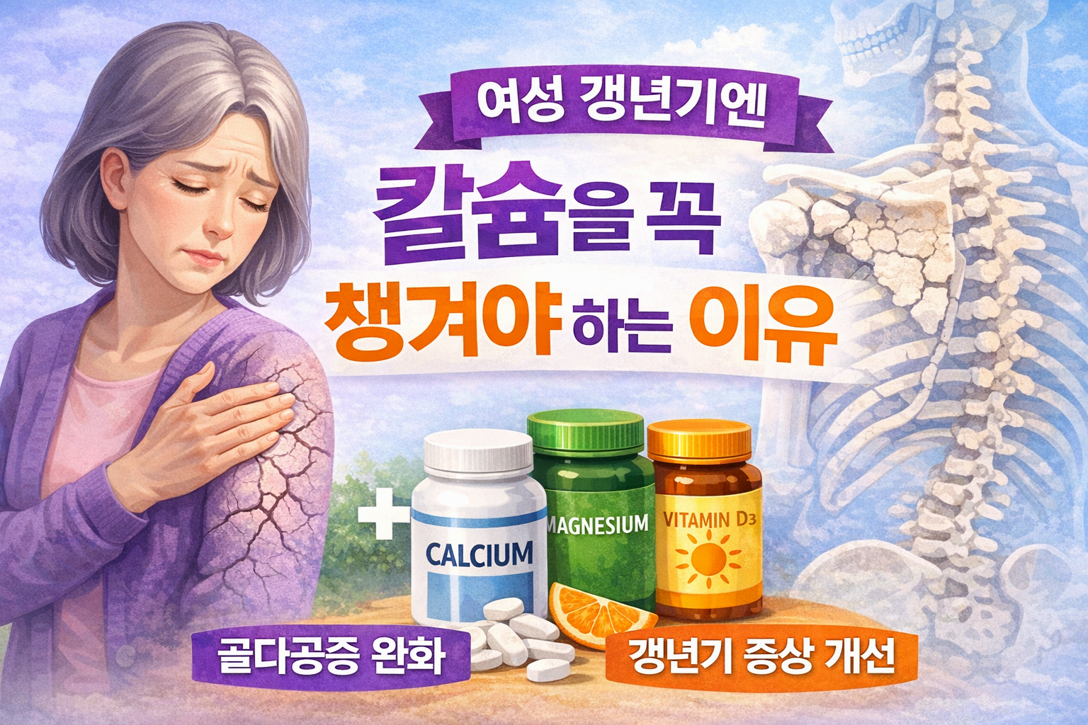 여성갱년기, 칼슘 안 먹으면 위험해요.
여성 갱년기에 칼슘을 꼭 섭취해야 하는 이유｜뼈 건강부터 갱년기 증상 완화까지