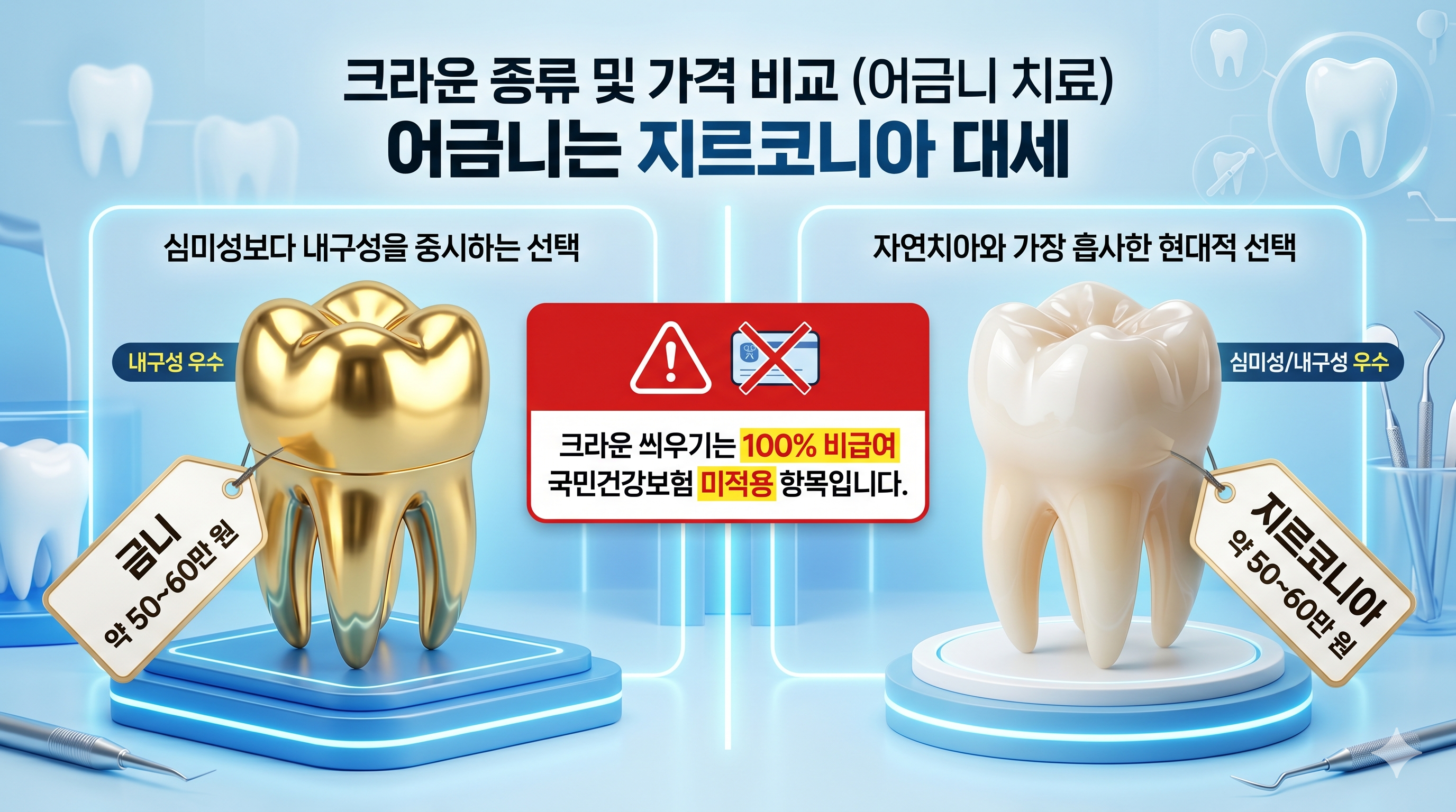신경치료 후 약해진 치아를 씌우는 보철물인 번쩍이는 골드크라운(금니)과 치아 색과 똑같고 강도가 뛰어난 지르코니아 크라운의 외형적 차이와 평균 50~60만 원대의 비급여 가격을 비교하는 인포그래픽