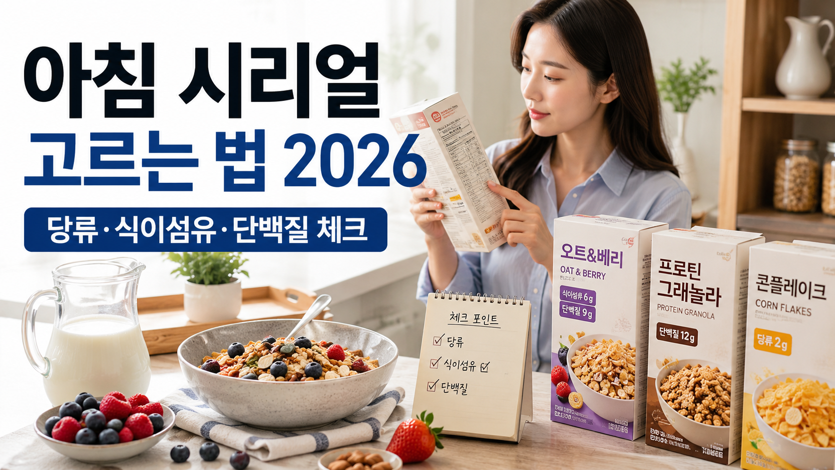 아침 시리얼 고르는 법 2026|당류·식이섬유·단백질·나트륨 확인방법