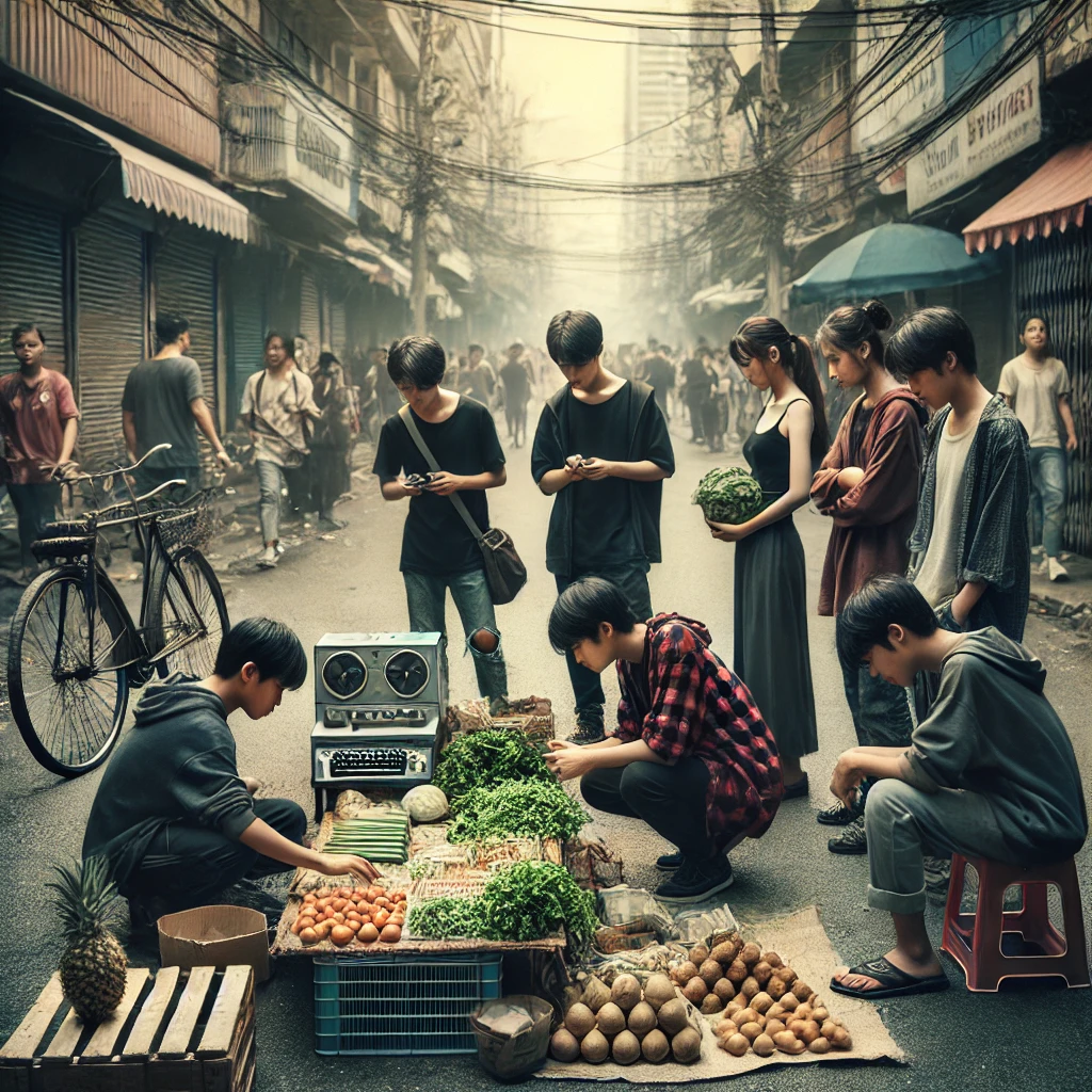 도심 속에서 청년들이 간단한 채소를 팔며 생계를 이어가는 처절하면서도 굳은 의지