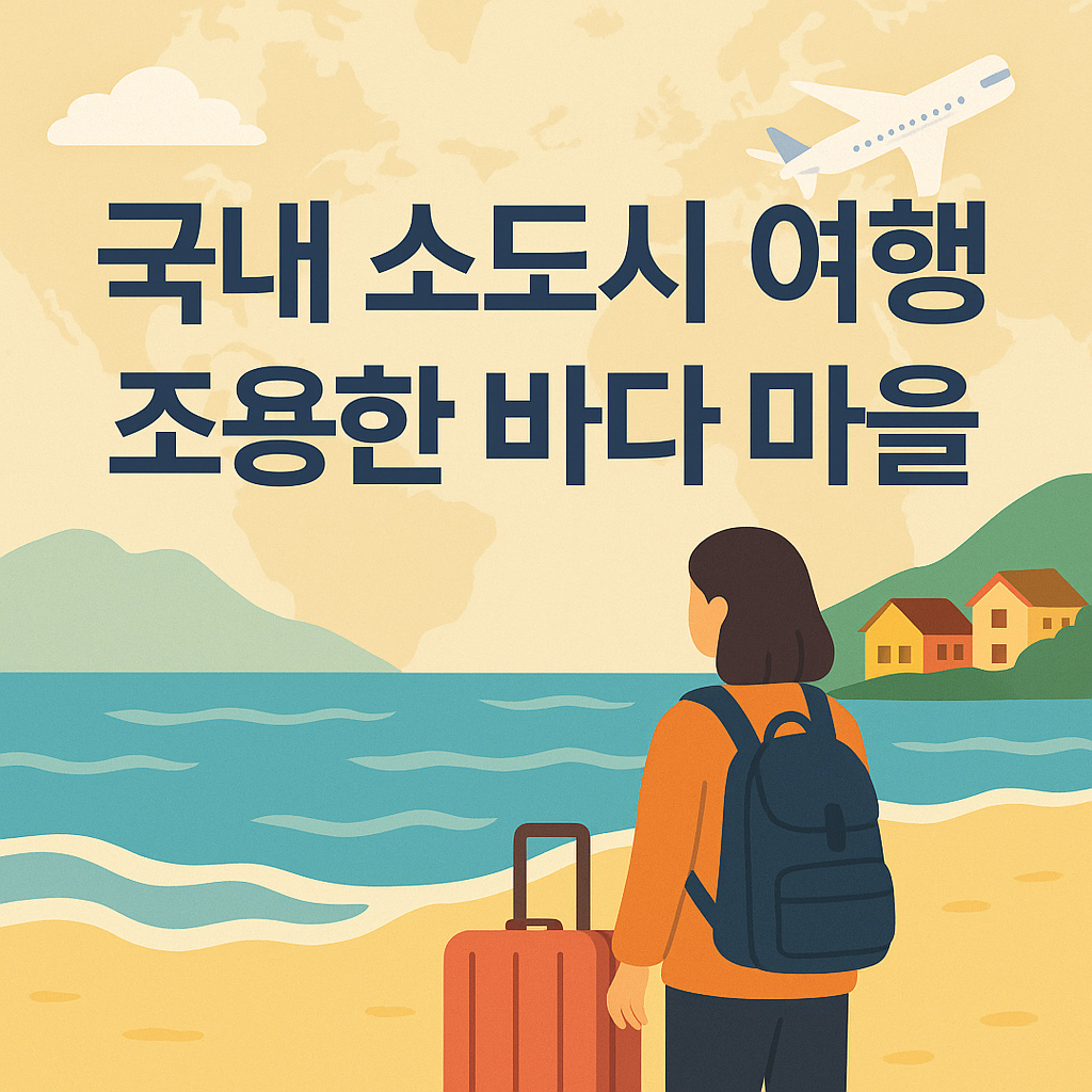 조용한 국내 바다 마을 여행지를 소개하는 감성 썸네일 이미지. 잔잔한 해변과 따뜻한 햇살, 여유롭게 산책하는 사람이 그려져 있음.