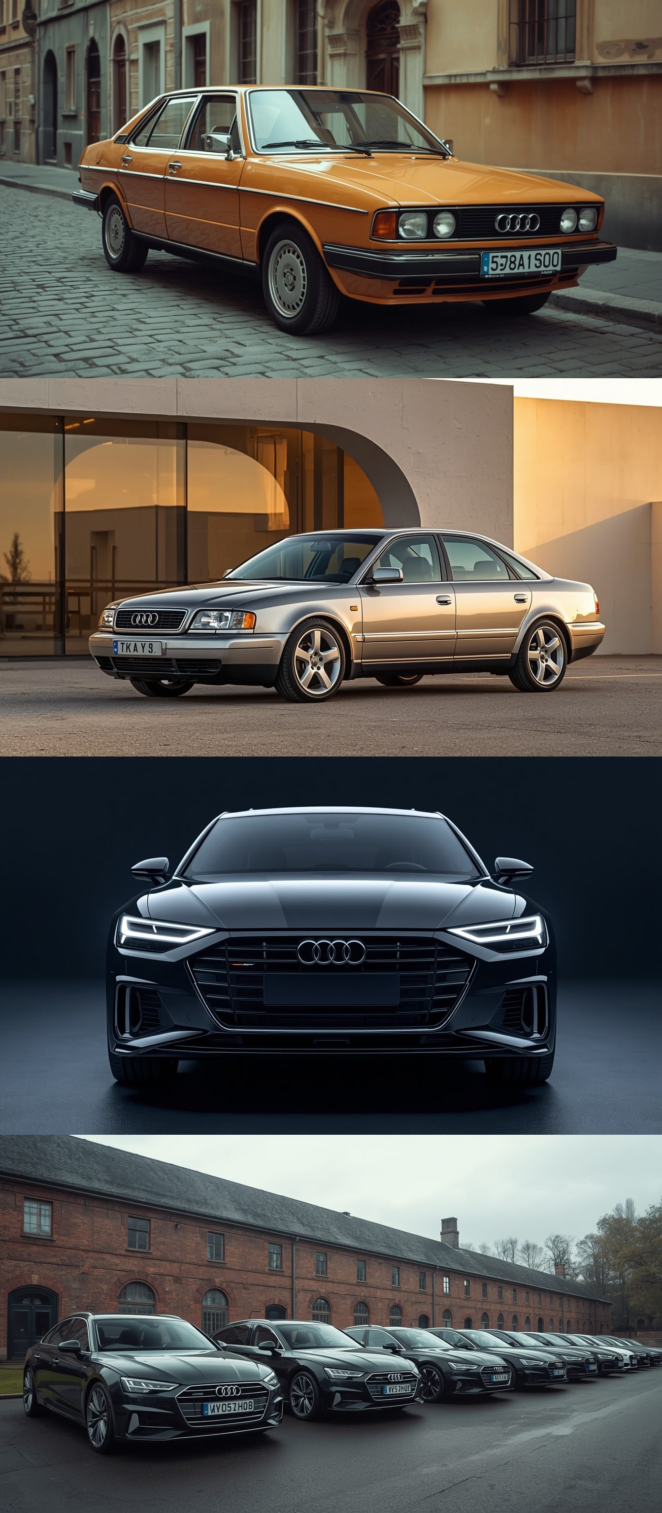 A chronological lineup of Audi A6 generations from C1 to C8 parked side by side in front of a historic European factory.