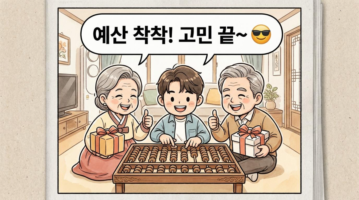 10만 원대부터 프리미엄까지 예산에 맞춰 쇼핑을 마치고 환하게 웃으며 엄지를 치켜세우는 가족 캐릭터