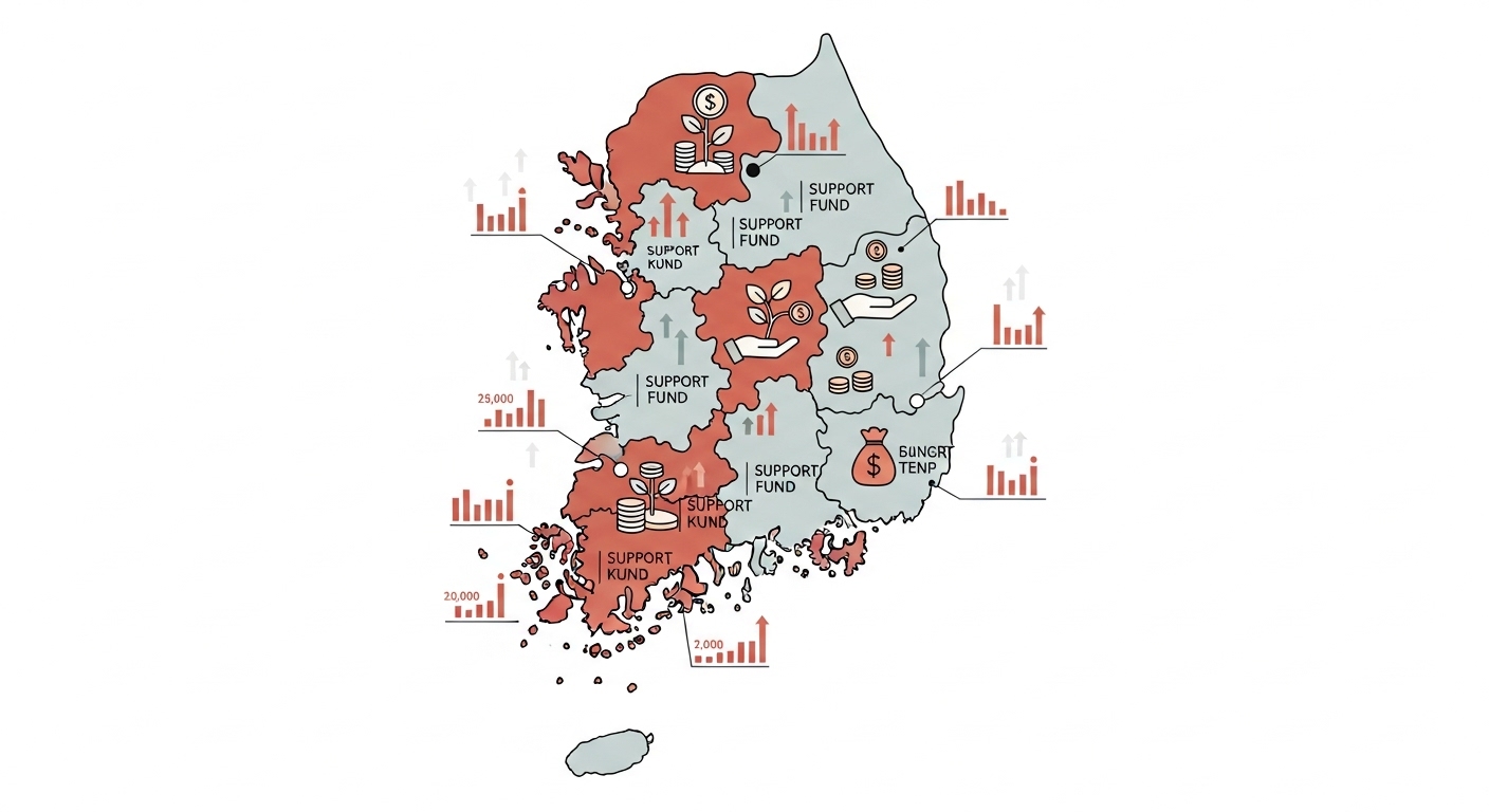 대한민국 지도 위에 지역별 민생지원금 지급 현황을 시각적으로 나타낸 인포그래픽 이미지.