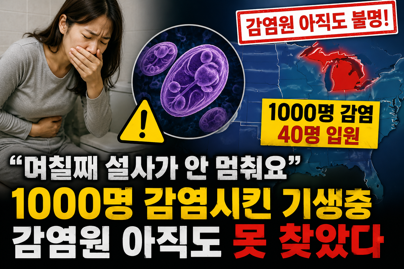 미국 미시간주에서 급증한 사이클로스포라 기생충 감염과 물설사 증상, 생채소와 샐러드 섭취 주의사항을 정리한 건강 정보 이미지