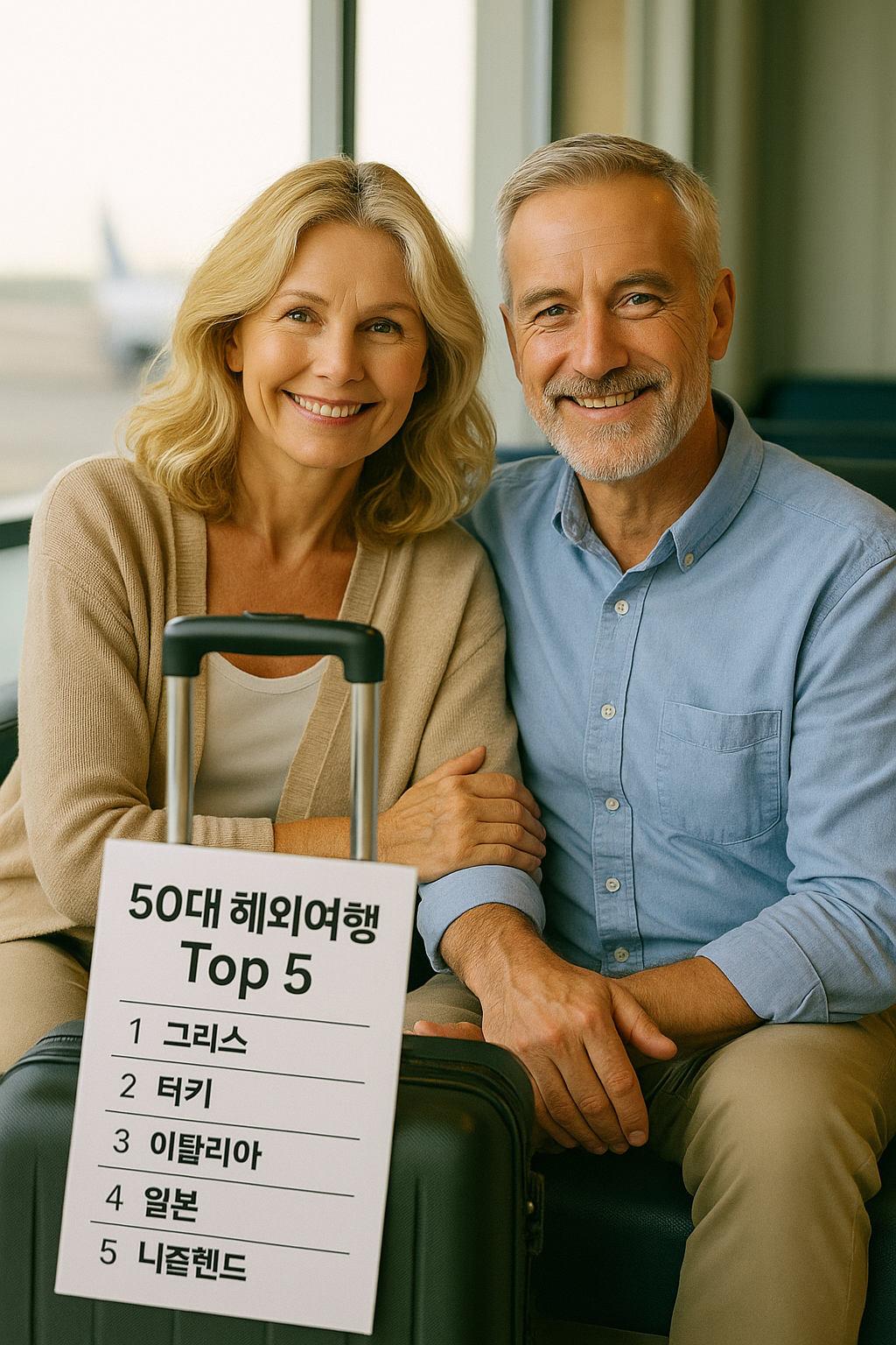 밝은 공항에서 나란히 앉아 따뜻하게 미소 짓고 있는 중년 부부와 여행용 캐리어 위에 세워진 &amp;#39;50대 해외여행 Top 5&amp;#39; 리스트 