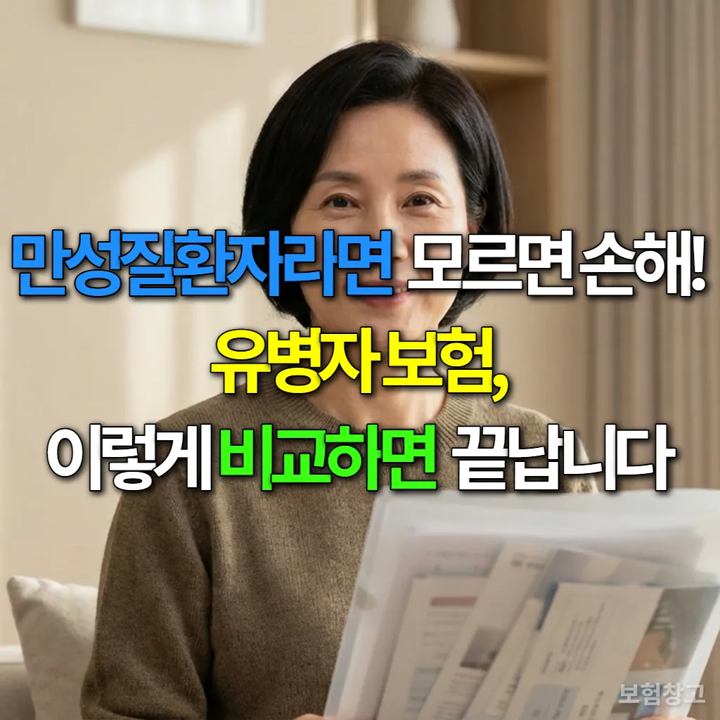 웃고 있는 중년 한국 여성이 보험 서류를 들고 있는 모습