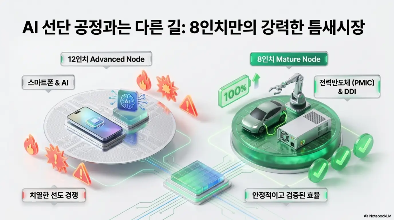 DB하이텍 주가 전망: &amp;#39;8인치만의 강력한 틈새시장&amp;#39;이라는 문구와 12인치 첨단 공정과 8인치 성숙 공정을 비교한 그래픽이 담긴 이미지. 이 이미지는 DB하이텍이 전력반도체와 디스플레이 구동칩 중심의 8인치 파운드리에 특화돼 AI 선단 공정과 다른 길을 걷는다는 점을 시각적으로 전달하며&amp;#44; 블로그의 DB하이텍 주가 전망과 관련된 내용을 설명함 