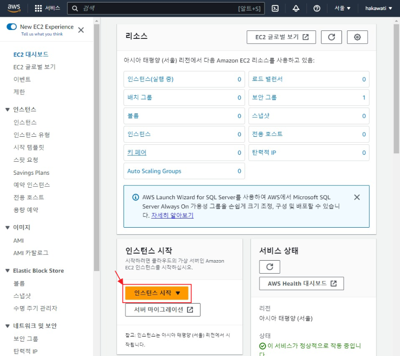 인스턴스 시작 버튼
