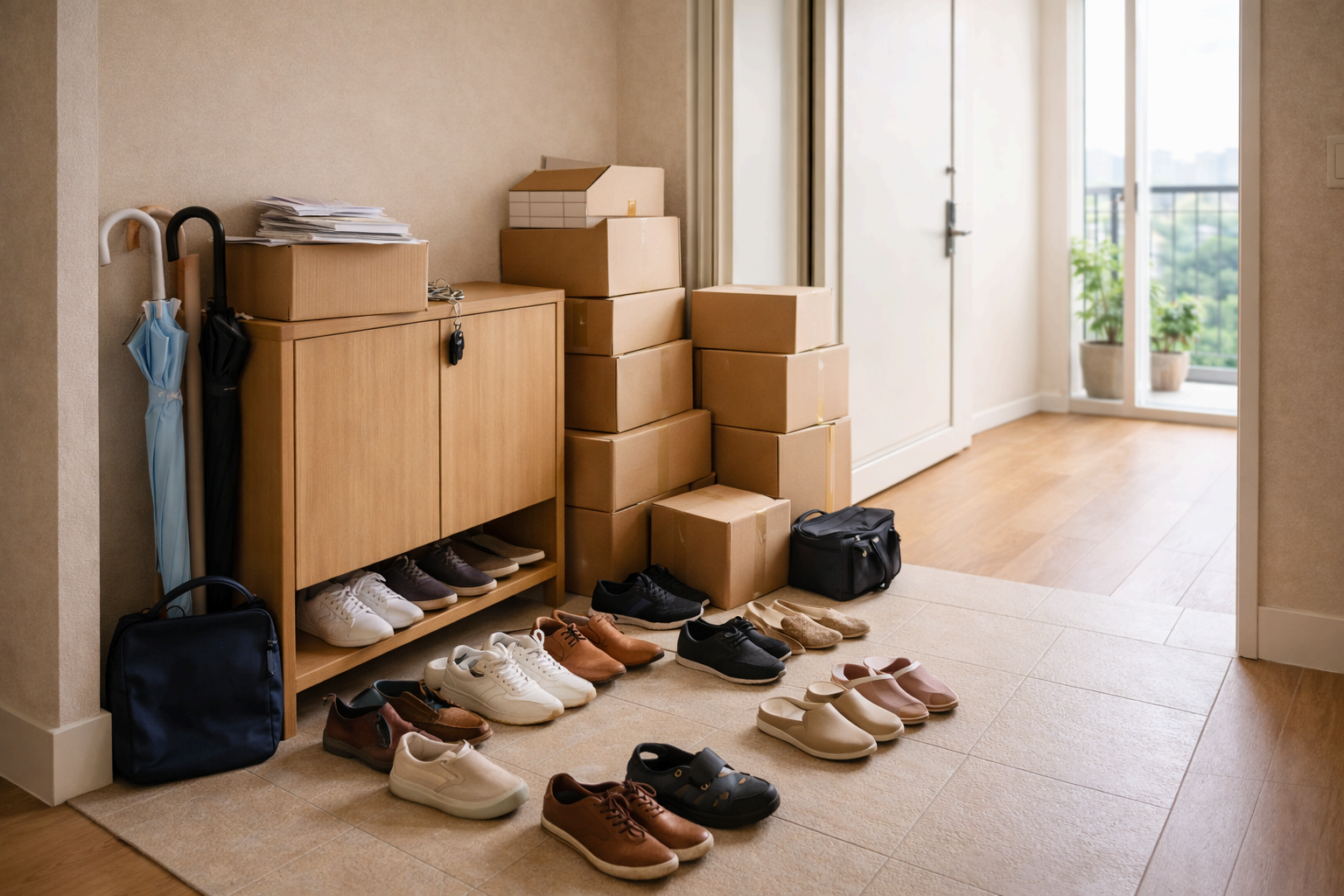 신발과 상자가 쌓인 어수선한 아파트 현관